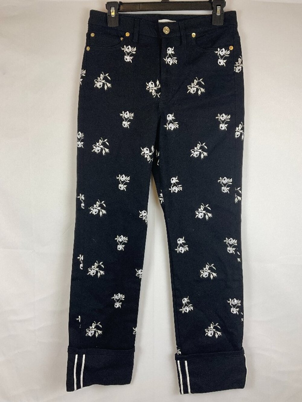 Erdem Denim Pants US 4 Black White Floral Embroidery Cuffed
